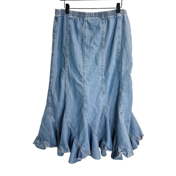 Vintage BFA Classics Blue Denim Ruffle Mermaid Flounce Midi Skirt Medium - Picture 6 of 8